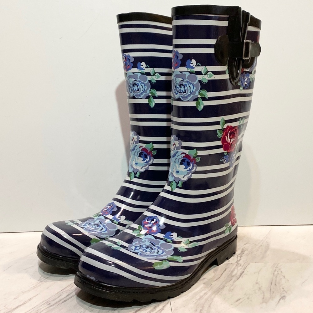 New! Nomad Navy Stripe Floral Puddles Rain Boot 9